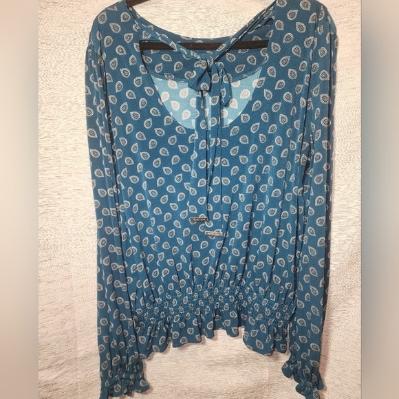 Michael Kors Blouse Tie in back Long Sleeves XL  Blue Pattern soft - Picture 2 of 11